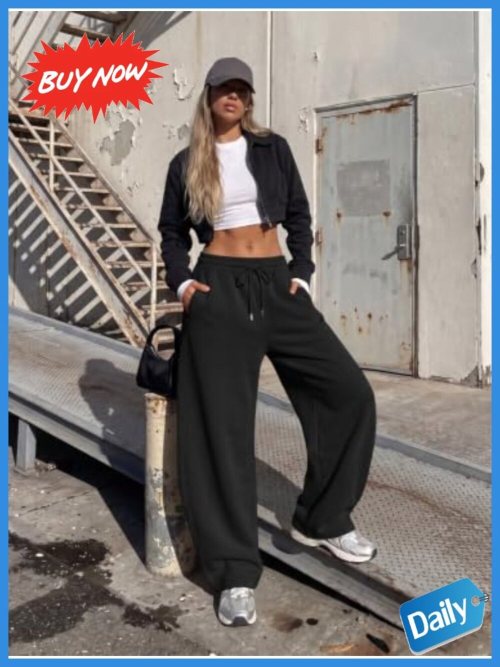 Fleece-Lined Barrel Wide Leg Sweatpants Low Rise Pull On Pockets - Picture 5 of 5